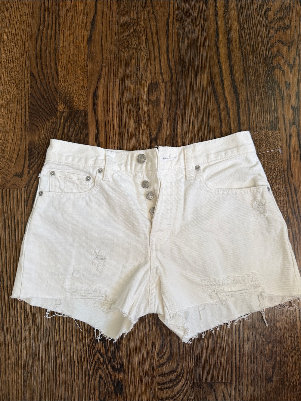 We The Free White Distressed Button-Fly Denim Shorts